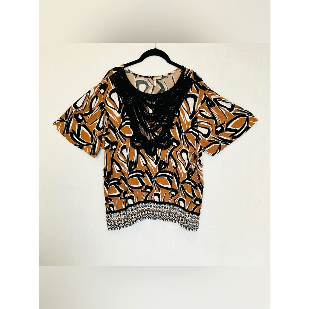 Cato Boho Abstract Crochet Neck Top Size 18/20W Rayon Spandex Earth Tone brown